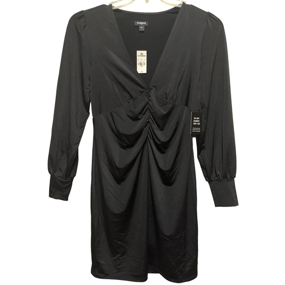 Express Black Ruched V-Neck Long Sleeve Mini Dress 27800862 Small NWT